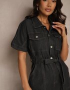 elsa.m by may Salopetă neagră din denim din bumbac cu curea din material în talie și cu picioare largi Yonadea