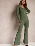 elsa.m by may Salopetă Verde Bodycon din Viscoză Rebrată cu Pantaloni Evazați și Fermoar Lavirna