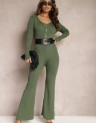 elsa.m by may Salopetă Verde Bodycon din Viscoză Rebrată cu Pantaloni Evazați și Fermoar Lavirna