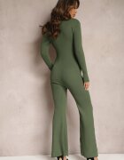 elsa.m by may Salopetă Verde Bodycon din Viscoză Rebrată cu Pantaloni Evazați și Fermoar Lavirna