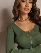 elsa.m by may Salopetă Verde Bodycon din Viscoză Rebrată cu Pantaloni Evazați și Fermoar Lavirna