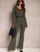 elsa.m by may Salopetă Verde închis Bodycon din Viscoză Reiată cu Pantaloni Clopot și Fermoar Lavirna