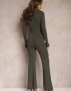 elsa.m by may Salopetă Verde închis Bodycon din Viscoză Reiată cu Pantaloni Clopot și Fermoar Lavirna