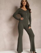 elsa.m by may Salopetă Verde închis Bodycon din Viscoză Reiată cu Pantaloni Clopot și Fermoar Lavirna