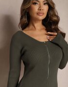 elsa.m by may Salopetă Verde închis Bodycon din Viscoză Reiată cu Pantaloni Clopot și Fermoar Lavirna