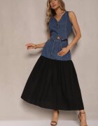 elsa.m by may Set Albastru De Denim din Viscoză Vestă și Fustă Vaporosă Calmoi