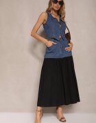 elsa.m by may Set Albastru De Denim din Viscoză Vestă și Fustă Vaporosă Calmoi