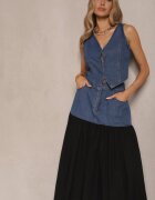 elsa.m by may Set Albastru De Denim din Viscoză Vestă și Fustă Vaporosă Calmoi