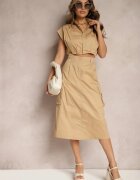 elsa.m by may Set Bej Stil Utility Cămașă Cropped Fără Mâneci și Fustă cu Buzunare Notcha