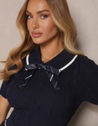 elsa.m by may Set bleumarin în stil uniformă Pulover polo cu mânecă scurtă Fundiță și Fustă Lariona