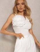 elsa.m by may Top Alb Asimetric pe un Umăr cu Textură Rebrată Decorat cu o Floare Votesa