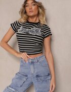 elsa.m by may Tricou Negru-Alb de Bumbac cu Dungi Decorat cu Text pe Aplicație din Denim Eviola