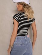 elsa.m by may Tricou Negru-Alb de Bumbac cu Dungi Decorat cu Text pe Aplicație din Denim Eviola