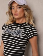 elsa.m by may Tricou Negru-Alb de Bumbac cu Dungi Decorat cu Text pe Aplicație din Denim Eviola