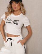 emt Tricou Alb din Bumbac Decorat cu Lanț și cu Inscripție Olithel