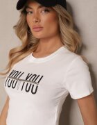 emt Tricou Alb din Bumbac Decorat cu Lanț și cu Inscripție Olithel