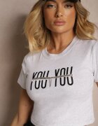 emt Tricou Gri deschis din Bumbac Decorat cu Lanț și cu Inscripția Olithel