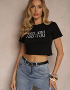 emt Tricou Negru din Bumbac Decorat cu Lanț și cu Inscripție Olithel