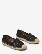  Espadrile Negre Ajurate pe Talpă Plată Împletită Kueria
