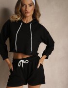 exmoda Set Trening Negru din Bumbac cu Pantaloni scurți și Bluză scurtă cu glugă Ralarose