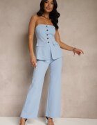 fashion Compleu Albastru Top Bandeau Decorat cu Nasturi și Pantaloni cu Croială Largă Palarienna