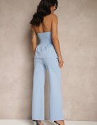 fashion Compleu Albastru Top Bandeau Decorat cu Nasturi și Pantaloni cu Croială Largă Palarienna