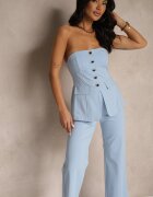 fashion Compleu Albastru Top Bandeau Decorat cu Nasturi și Pantaloni cu Croială Largă Palarienna