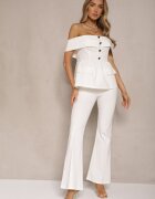 fashion Compleu de costum Alb Bluză tip spaniolă și Pantaloni evazați Silkio
