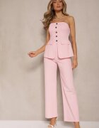 fashion Compleu Roz Top Bandeau Decorat cu Nasturi și Pantaloni Largi Palarienna