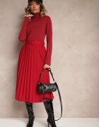 fashion Fustă Roșie Plisată cu Curea Decorativă Sanitha