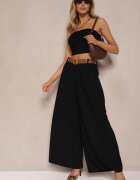 fashion Pantaloni Negri cu Croială Largă Talie Înaltă Ornați cu Curea Rasalle