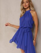 fashion Rochie Bleumarin Cloș cu Pliuri și Închidere la Gât Mini și curea suplimentară Asmeriema
