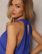 fashion Rochie Bleumarin Cloș cu Pliuri și Închidere la Gât Mini și curea suplimentară Asmeriema