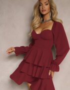 fashion Rochie bordou cu croială evazată cu volane și mâneci bufante Semiella