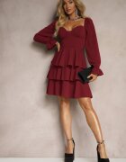 fashion Rochie bordou cu croială evazată cu volane și mâneci bufante Semiella