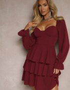 fashion Rochie bordou cu croială evazată cu volane și mâneci bufante Semiella