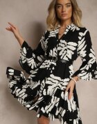 fashion Rochie Cămașă Neagră din Viscoză cu Volane cu Imprimeu cu Frunze Ridiella