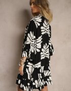 fashion Rochie Cămașă Neagră din Viscoză cu Volane cu Imprimeu cu Frunze Ridiella