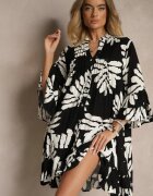 fashion Rochie Cămașă Neagră din Viscoză cu Volane cu Imprimeu cu Frunze Ridiella