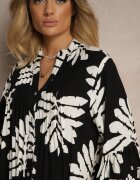 fashion Rochie Cămașă Neagră din Viscoză cu Volane cu Imprimeu cu Frunze Ridiella