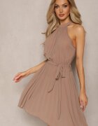 fashion Rochie Cloche Bej Mini cu Pliuri și Închidere la gât cu curea inclusă Asmeriema