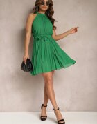 fashion Rochie Cloche Verde cu Pliuri și Închidere la Gât Mini Suplimentar Curea Asmeriema