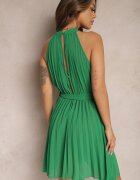 fashion Rochie Cloche Verde cu Pliuri și Închidere la Gât Mini Suplimentar Curea Asmeriema