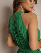 fashion Rochie Cloche Verde cu Pliuri și Închidere la Gât Mini Suplimentar Curea Asmeriema