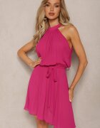 fashion Rochie Evazată Fucsia cu Pliuri și Închidere la Gât Mini și Curea Asmeriema