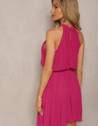 fashion Rochie Evazată Fucsia cu Pliuri și Închidere la Gât Mini și Curea Asmeriema