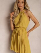 fashion Rochie Mini Galbenă Evazată cu Pliuri și închidere la gât și Curea Asmeriema
