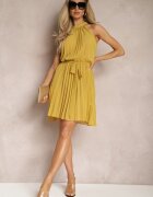 fashion Rochie Mini Galbenă Evazată cu Pliuri și închidere la gât și Curea Asmeriema