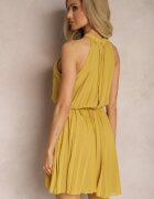 fashion Rochie Mini Galbenă Evazată cu Pliuri și închidere la gât și Curea Asmeriema