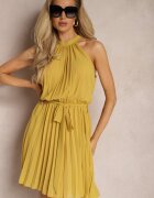 fashion Rochie Mini Galbenă Evazată cu Pliuri și închidere la gât și Curea Asmeriema